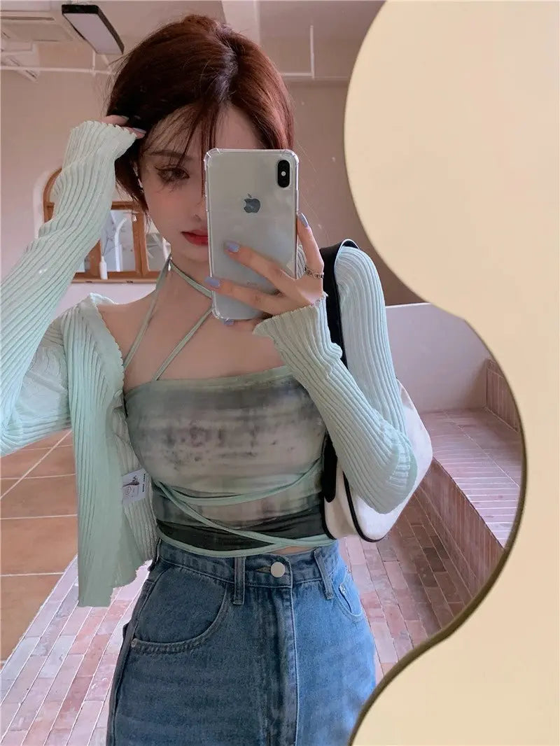 Summer Cardigan Two Piece Sets Women Fashion Slim Green Tie-dye Tops+See Through Thin Knitted - Blade & Thread