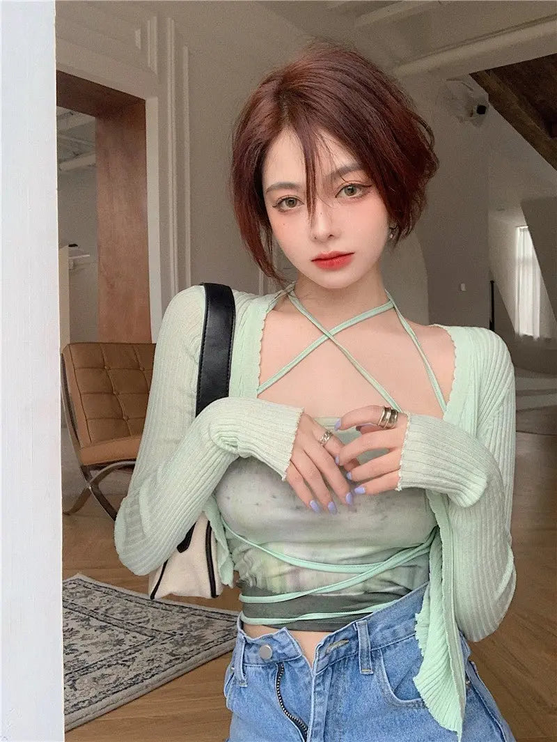 Summer Cardigan Two Piece Sets Women Fashion Slim Green Tie-dye Tops+See Through Thin Knitted nowadaysfashion