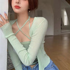 Summer Cardigan Two Piece Sets Women Fashion Slim Green Tie-dye Tops+See Through Thin Knitted nowadaysfashion