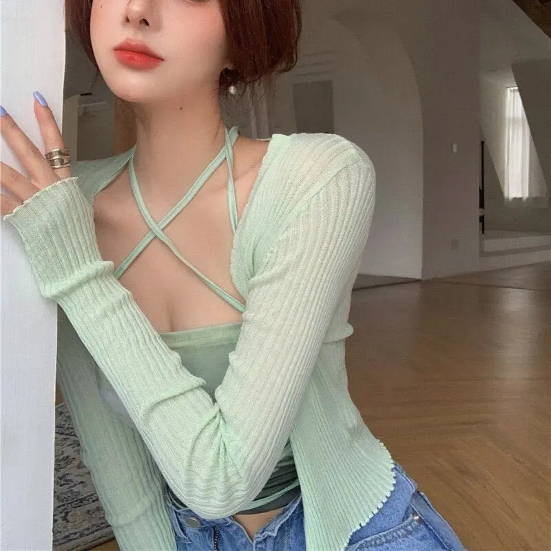 Summer Cardigan Two Piece Sets Women Fashion Slim Green Tie-dye Tops+See Through Thin Knitted - Blade & Thread