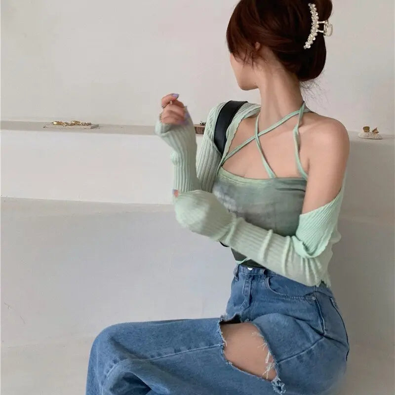Summer Cardigan Two Piece Sets Women Fashion Slim Green Tie-dye Tops+See Through Thin Knitted - Blade & Thread