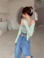 Summer Cardigan Two Piece Sets Women Fashion Slim Green Tie-dye Tops+See Through Thin Knitted nowadaysfashion