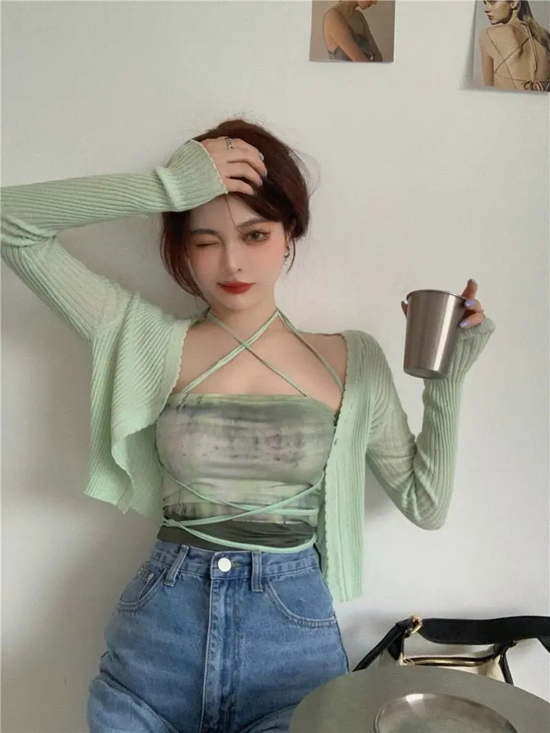 Summer Cardigan Two Piece Sets Women Fashion Slim Green Tie-dye Tops+See Through Thin Knitted nowadaysfashion