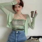 Summer Cardigan Two Piece Sets Women Fashion Slim Green Tie-dye Tops+See Through Thin Knitted nowadaysfashion