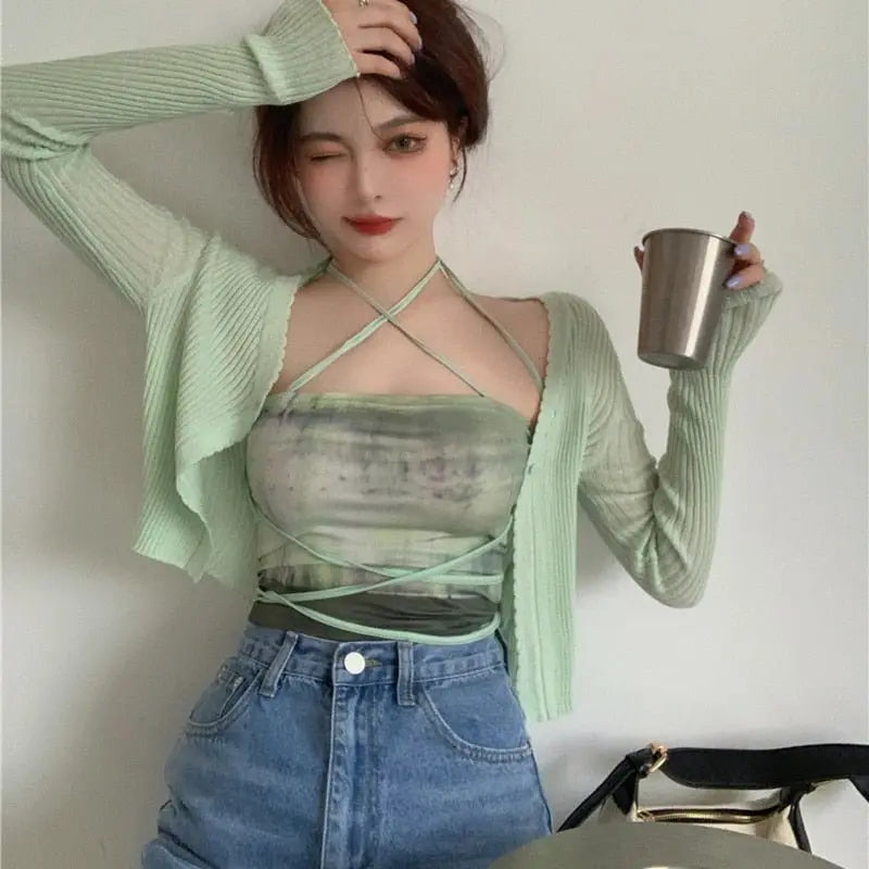 Summer Cardigan Two Piece Sets Women Fashion Slim Green Tie-dye Tops+See Through Thin Knitted - Blade & Thread