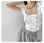 Summer Floral Cropped Top Women Slim Square Neck Short Sleeve White T-shirts Female nowadaysfashion