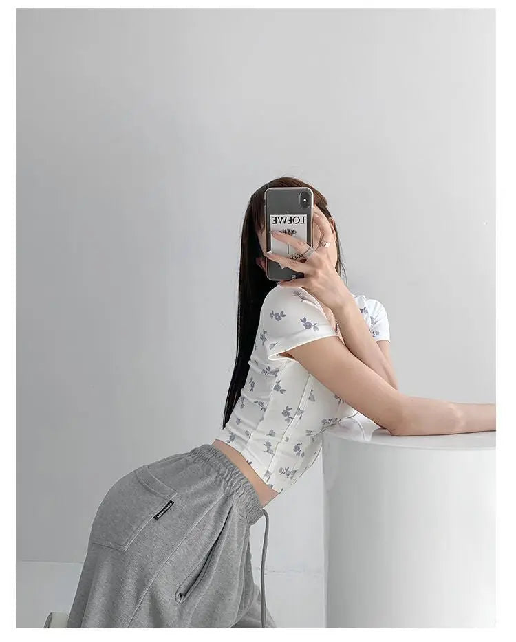 Summer Floral Cropped Top Women Slim Square Neck Short Sleeve White T-shirts Female - Blade & Thread