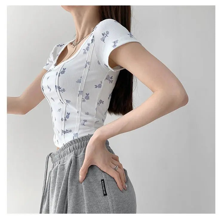 Summer Floral Cropped Top Women Slim Square Neck Short Sleeve White T-shirts Female - Blade & Thread