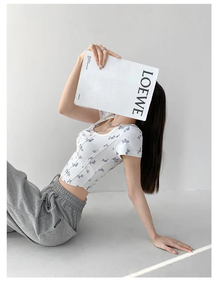 Summer Floral Cropped Top Women Slim Square Neck Short Sleeve White T-shirts Female nowadaysfashion