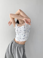 Summer Floral Cropped Top Women Slim Square Neck Short Sleeve White T-shirts Female nowadaysfashion