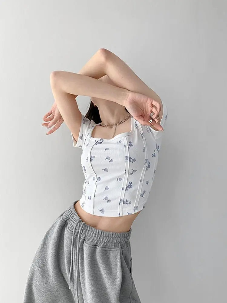 Summer Floral Cropped Top Women Slim Square Neck Short Sleeve White T-shirts Female - Blade & Thread