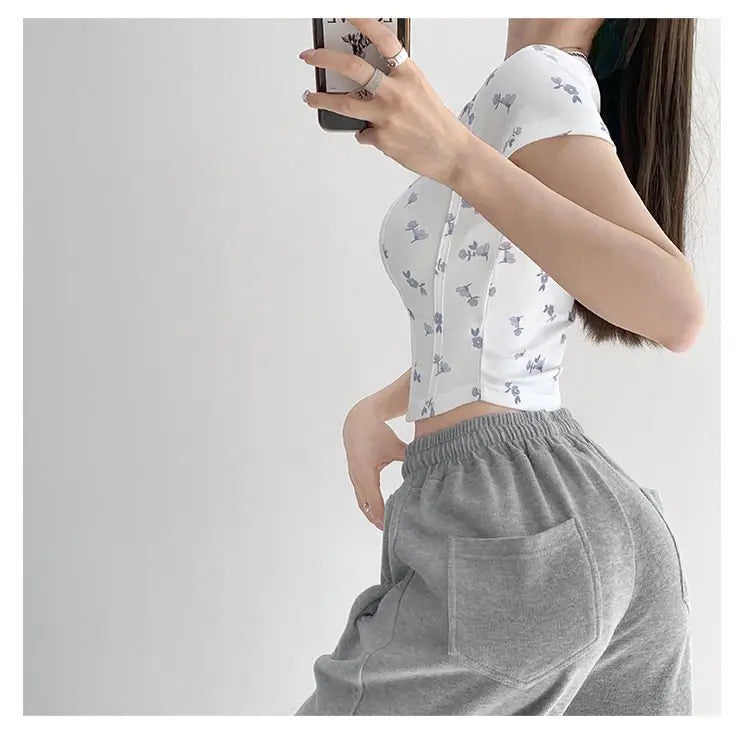 Summer Floral Cropped Top Women Slim Square Neck Short Sleeve White T-shirts Female nowadaysfashion
