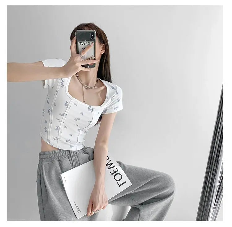 Summer Floral Cropped Top Women Slim Square Neck Short Sleeve White T-shirts Female - Blade & Thread