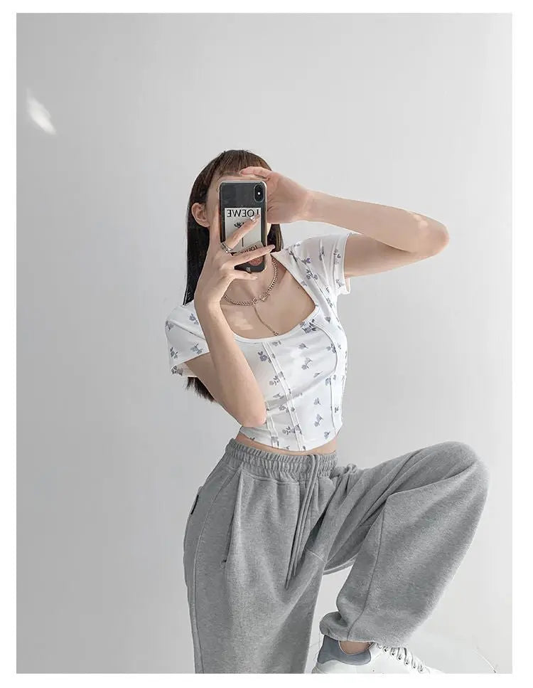 Summer Floral Cropped Top Women Slim Square Neck Short Sleeve White T-shirts Female nowadaysfashion