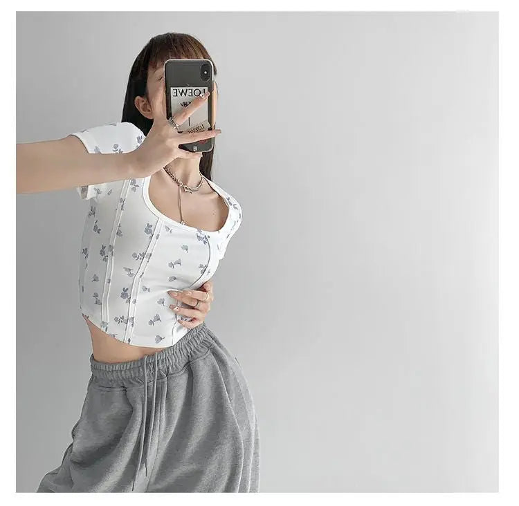 Summer Floral Cropped Top Women Slim Square Neck Short Sleeve White T-shirts Female nowadaysfashion