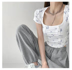 Summer Floral Cropped Top Women Slim Square Neck Short Sleeve White T-shirts Female nowadaysfashion