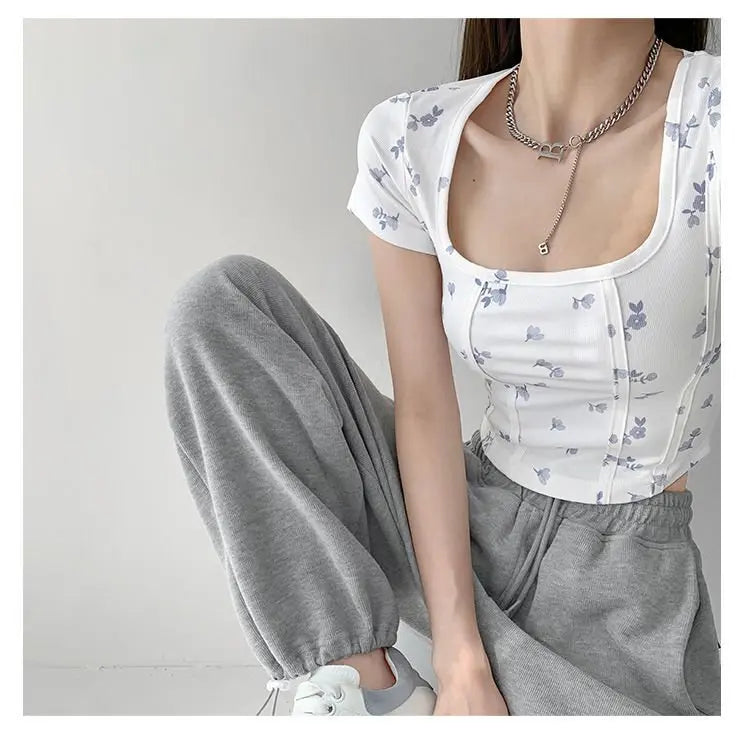 Summer Floral Cropped Top Women Slim Square Neck Short Sleeve White T-shirts Female - Blade & Thread