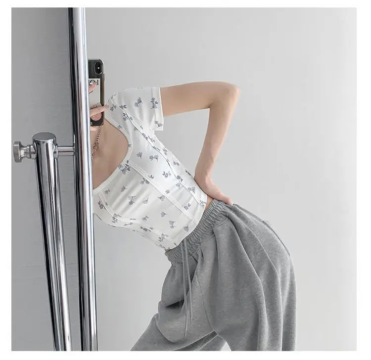 Summer Floral Cropped Top Women Slim Square Neck Short Sleeve White T-shirts Female - Blade & Thread