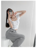 Summer Floral Cropped Top Women Slim Square Neck Short Sleeve White T-shirts Female nowadaysfashion