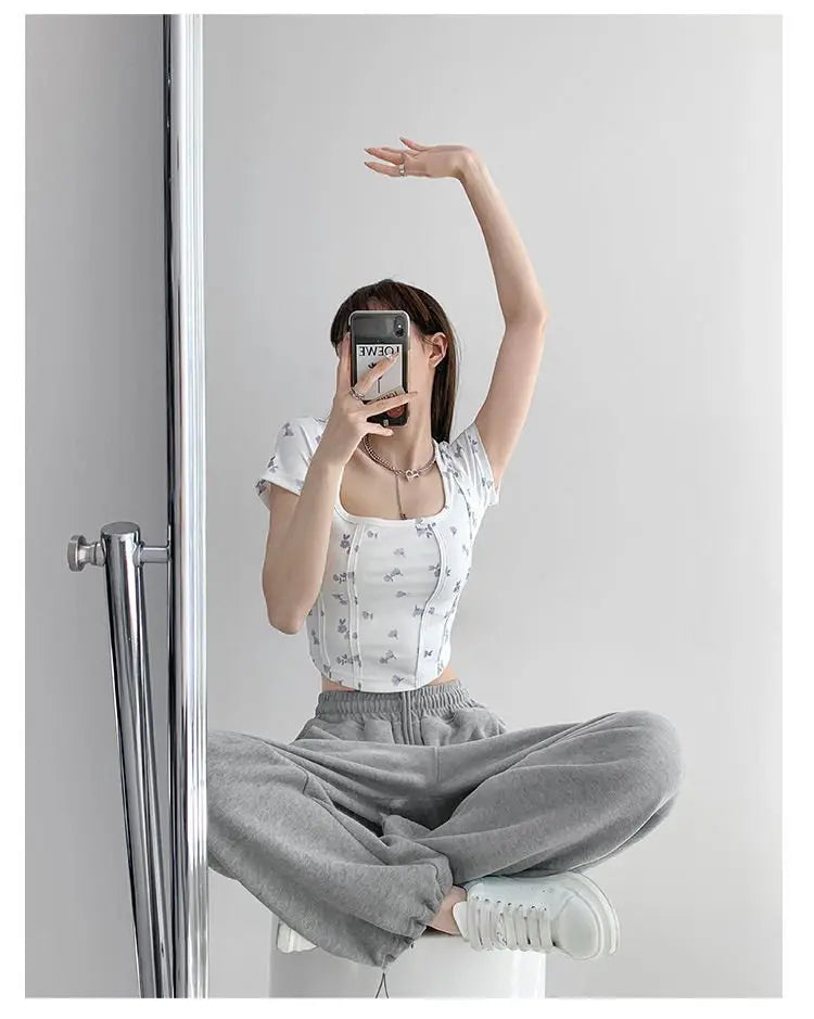Summer Floral Cropped Top Women Slim Square Neck Short Sleeve White T-shirts Female nowadaysfashion