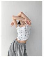 Summer Floral Cropped Top Women Slim Square Neck Short Sleeve White T-shirts Female nowadaysfashion
