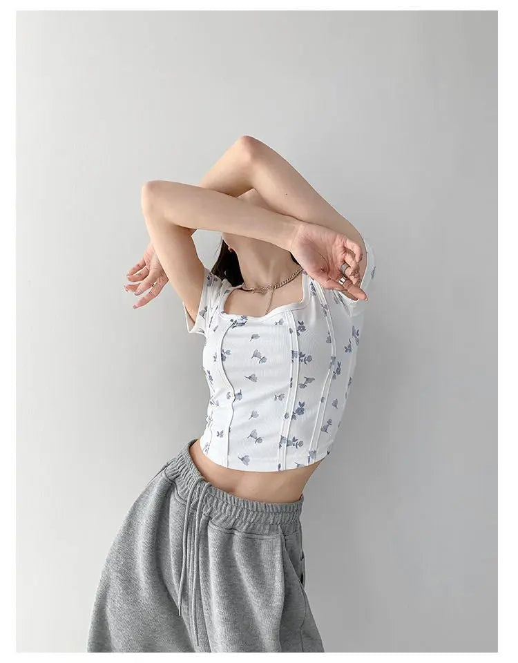Summer Floral Cropped Top Women Slim Square Neck Short Sleeve White T-shirts Female - Blade & Thread