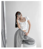 Summer Floral Cropped Top Women Slim Square Neck Short Sleeve White T-shirts Female nowadaysfashion