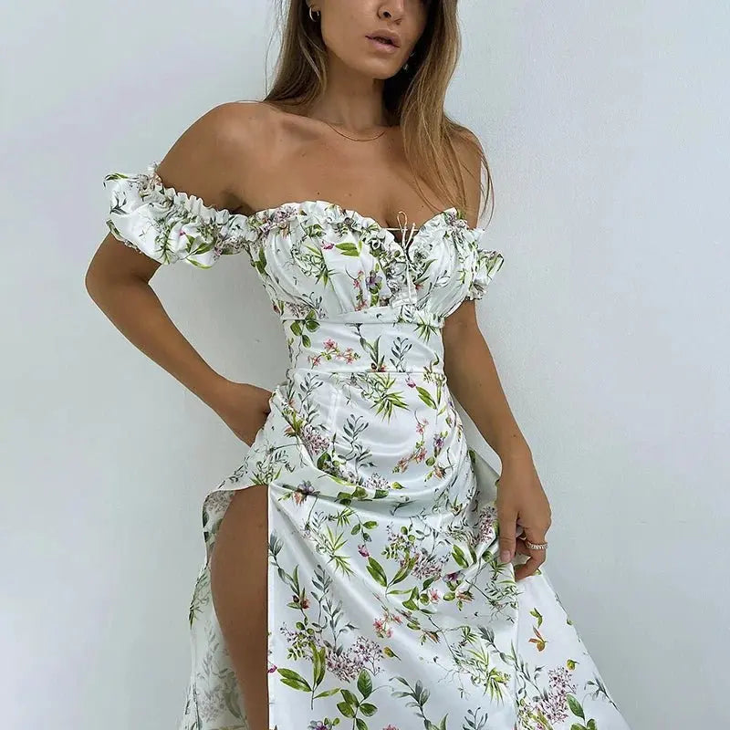 Summer Floral Off Shoulder Puff Sleeve Maxi Dress nowadaysfashion
