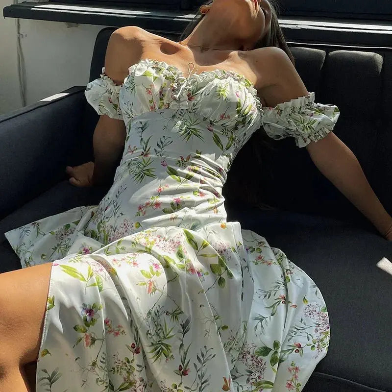 Summer Floral Off Shoulder Puff Sleeve Maxi Dress - Blade & Thread