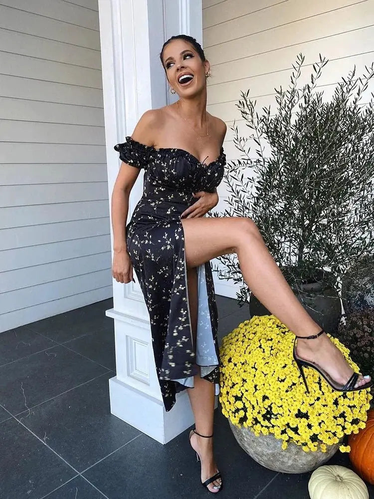 Summer Floral Off Shoulder Puff Sleeve Maxi Dress - Blade & Thread