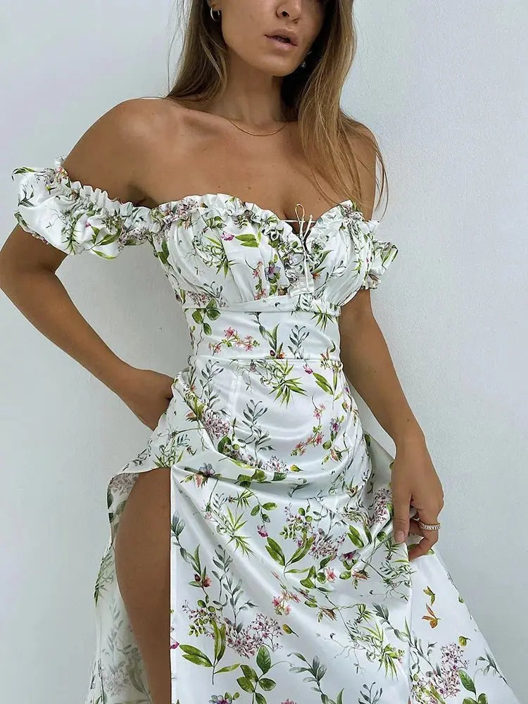 Summer Floral Off Shoulder Puff Sleeve Maxi Dress nowadaysfashion