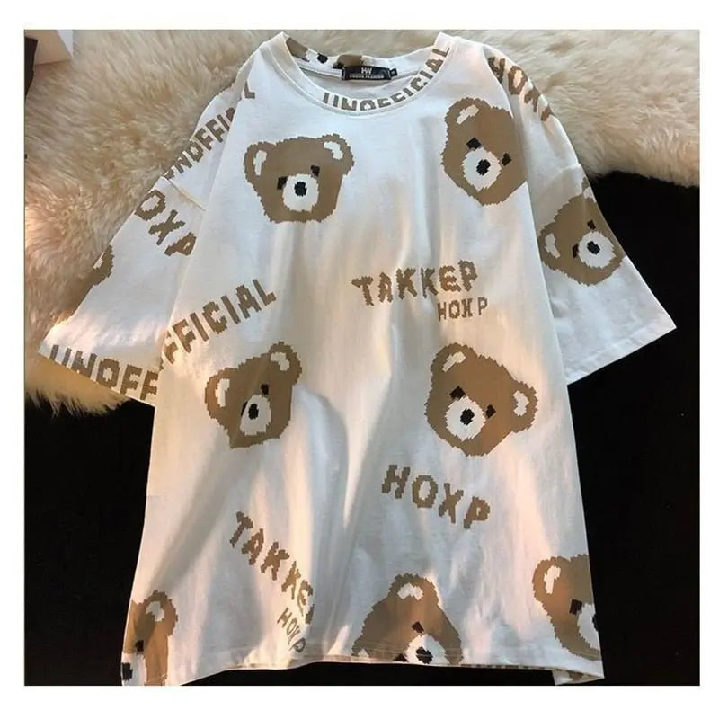 Summer Full Print Cartoon Bear Kawaii Short-Sleeved  T-Shirt Loose Harajuku Casual nowadaysfashion