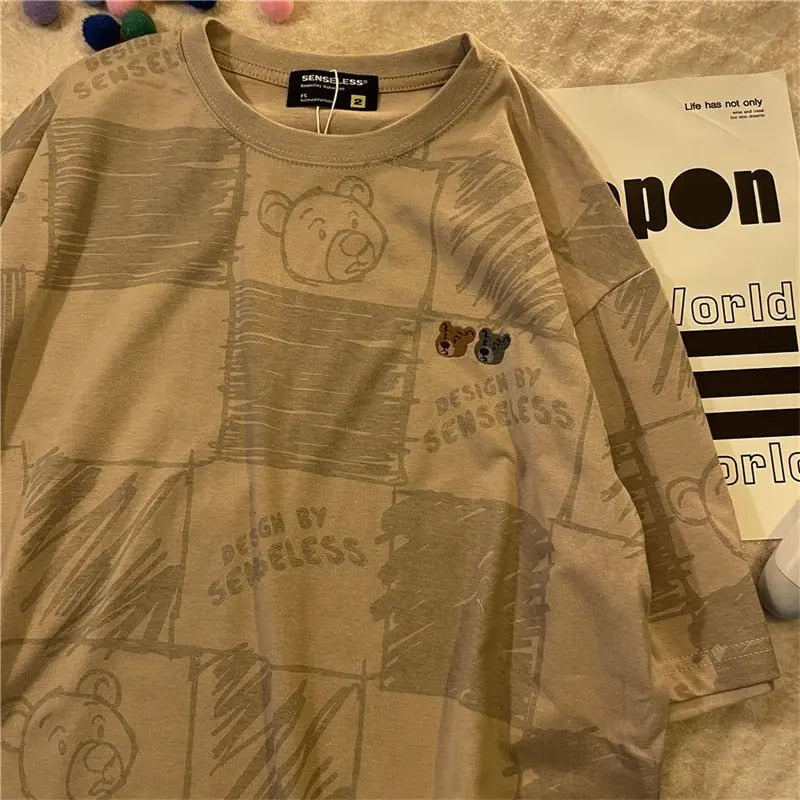 Summer Full Print Cartoon Bear Kawaii Short-Sleeved T-Shirt Loose Harajuku Casual - Blade & Thread