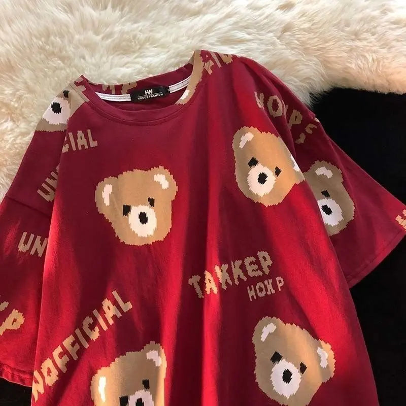 Summer Full Print Cartoon Bear Kawaii Short-Sleeved T-Shirt Loose Harajuku Casual - Blade & Thread