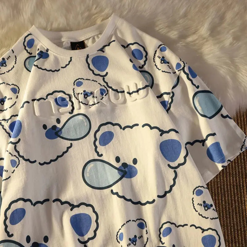 Summer Full Print Cartoon Bear Kawaii Short-Sleeved  T-Shirt Loose Harajuku Casual nowadaysfashion