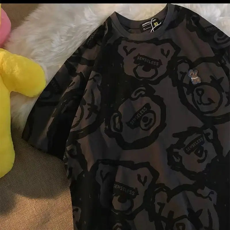Summer Full Print Cartoon Bear Kawaii Short-Sleeved T-Shirt Loose Harajuku Casual - Blade & Thread