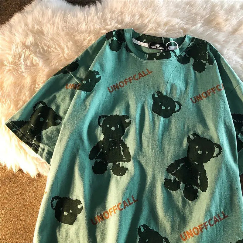 Summer Full Print Cartoon Bear Kawaii Short-Sleeved T-Shirt Loose Harajuku Casual - Blade & Thread