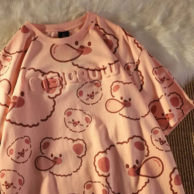Summer Full Print Cartoon Bear Kawaii Short-Sleeved T-Shirt Loose Harajuku Casual - Blade & Thread