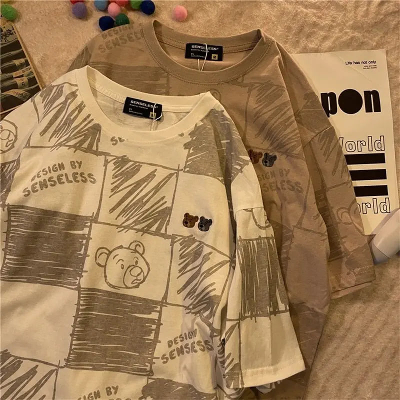 Summer Full Print Cartoon Bear Kawaii Short-Sleeved T-Shirt Loose Harajuku Casual - Blade & Thread