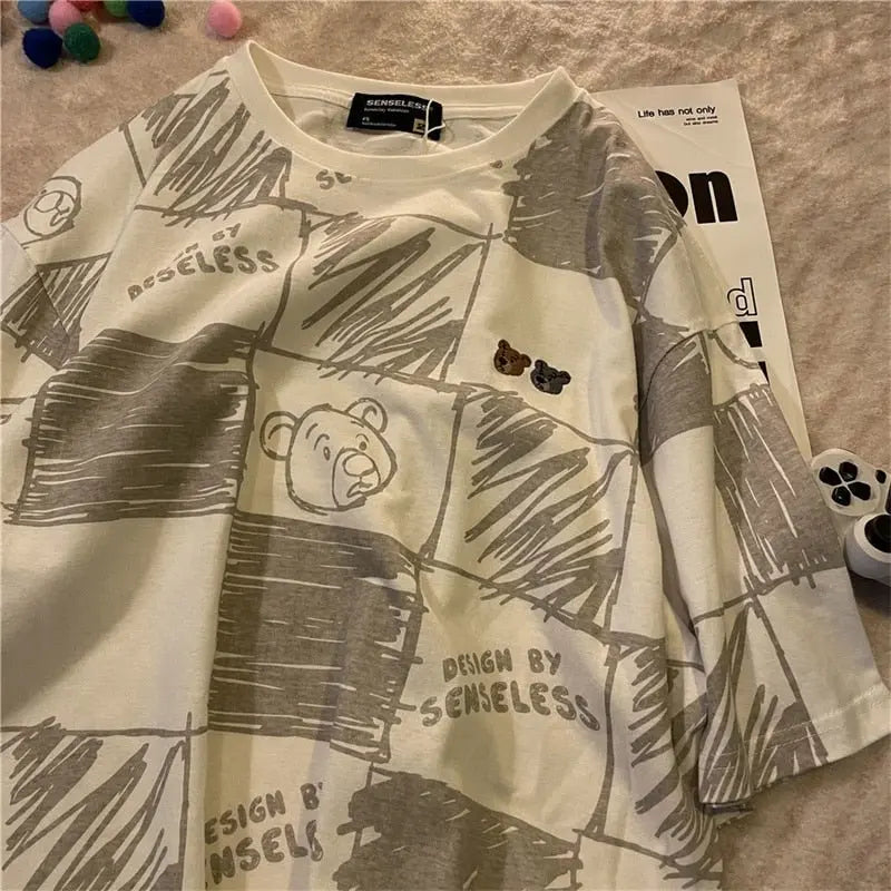 Summer Full Print Cartoon Bear Kawaii Short-Sleeved  T-Shirt Loose Harajuku Casual nowadaysfashion