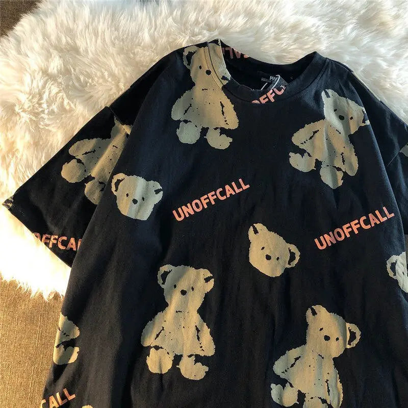 Summer Full Print Cartoon Bear Kawaii Short-Sleeved T-Shirt Loose Harajuku Casual - Blade & Thread