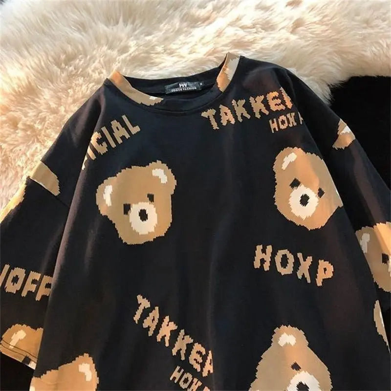 Summer Full Print Cartoon Bear Kawaii Short-Sleeved T-Shirt Loose Harajuku Casual - Blade & Thread