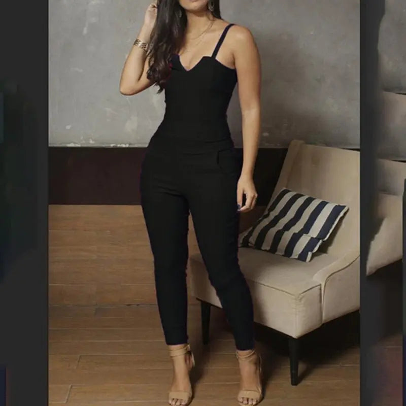 Summer jumpsuit Ladies Sling sleeveless Black Sexy Jumpsuit V-neck Cloth - Blade & Thread