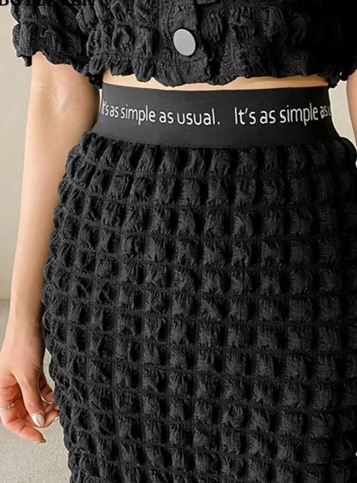 Summer Ladies 2 Pieces Skirt Set Short Sleeve Single-breasted Tops & High Waist - Blade & Thread