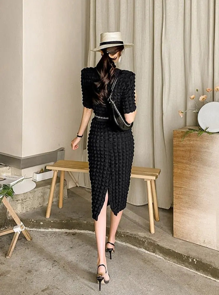 Summer Ladies 2 Pieces Skirt Set Short Sleeve Single-breasted Tops & High Waist - Blade & Thread