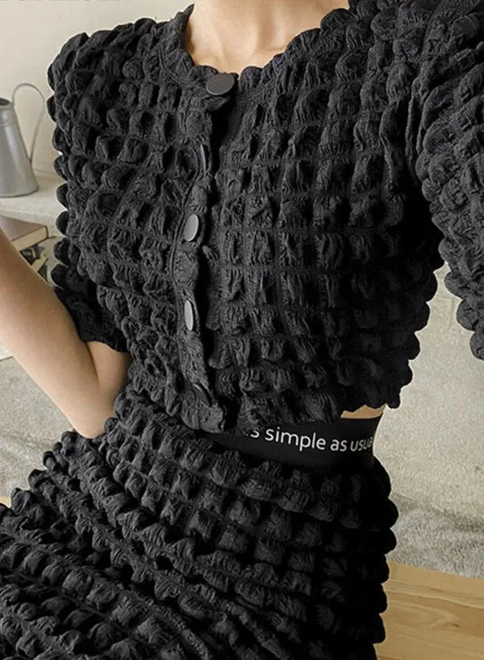 Summer Ladies 2 Pieces Skirt Set Short Sleeve Single-breasted Tops & High Waist - Blade & Thread