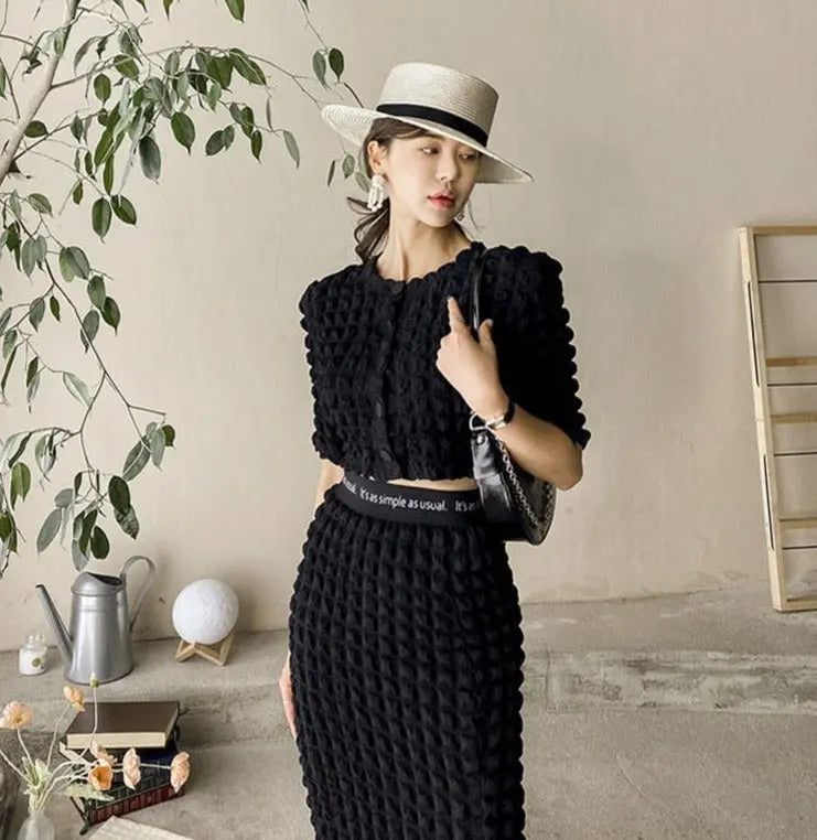 Summer Ladies 2 Pieces Skirt Set Short Sleeve Single-breasted Tops & High Waist nowadaysfashion