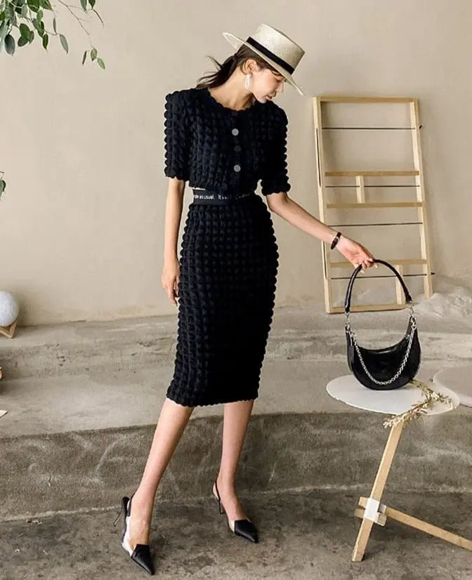 Summer Ladies 2 Pieces Skirt Set Short Sleeve Single-breasted Tops & High Waist nowadaysfashion