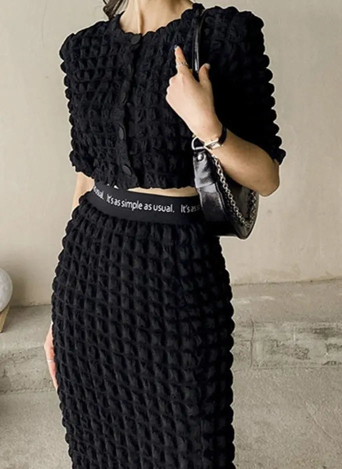 Summer Ladies 2 Pieces Skirt Set Short Sleeve Single-breasted Tops & High Waist nowadaysfashion