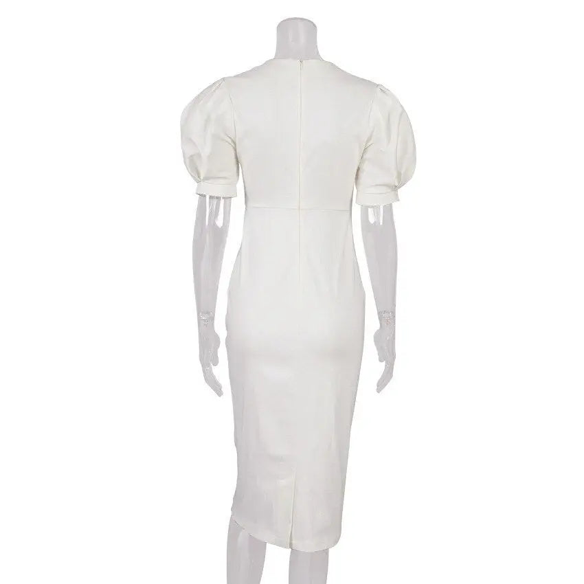 Summer Puff Short Sleeve Dress O-neck Office Lady Solid Color A-line Dress - Blade & Thread